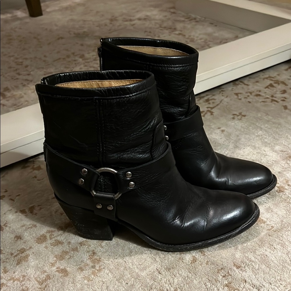Frye Black Leather Ankle Boots with Silver Buckle